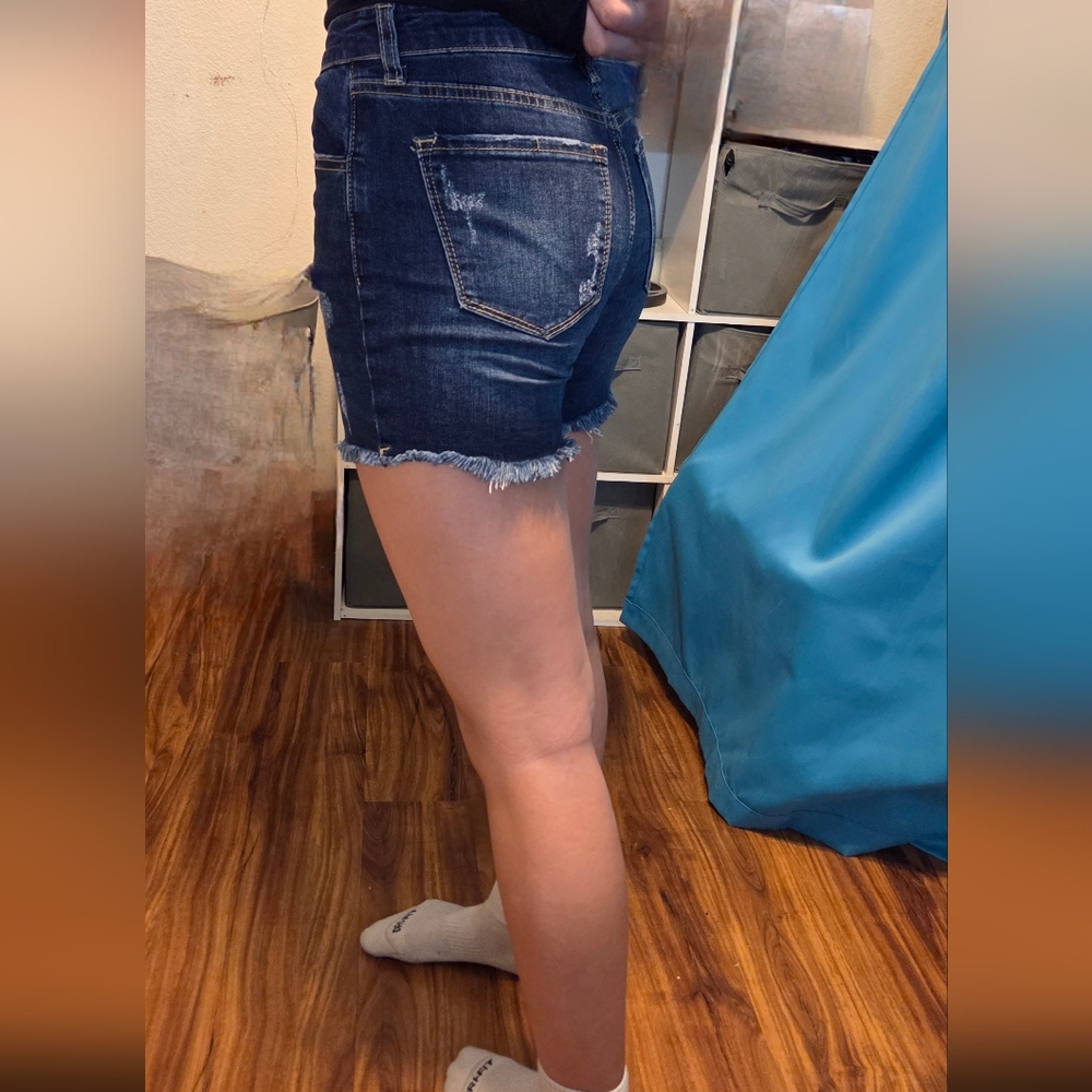 KanCan Dark Indigo Frayed Hem Denim Shorts